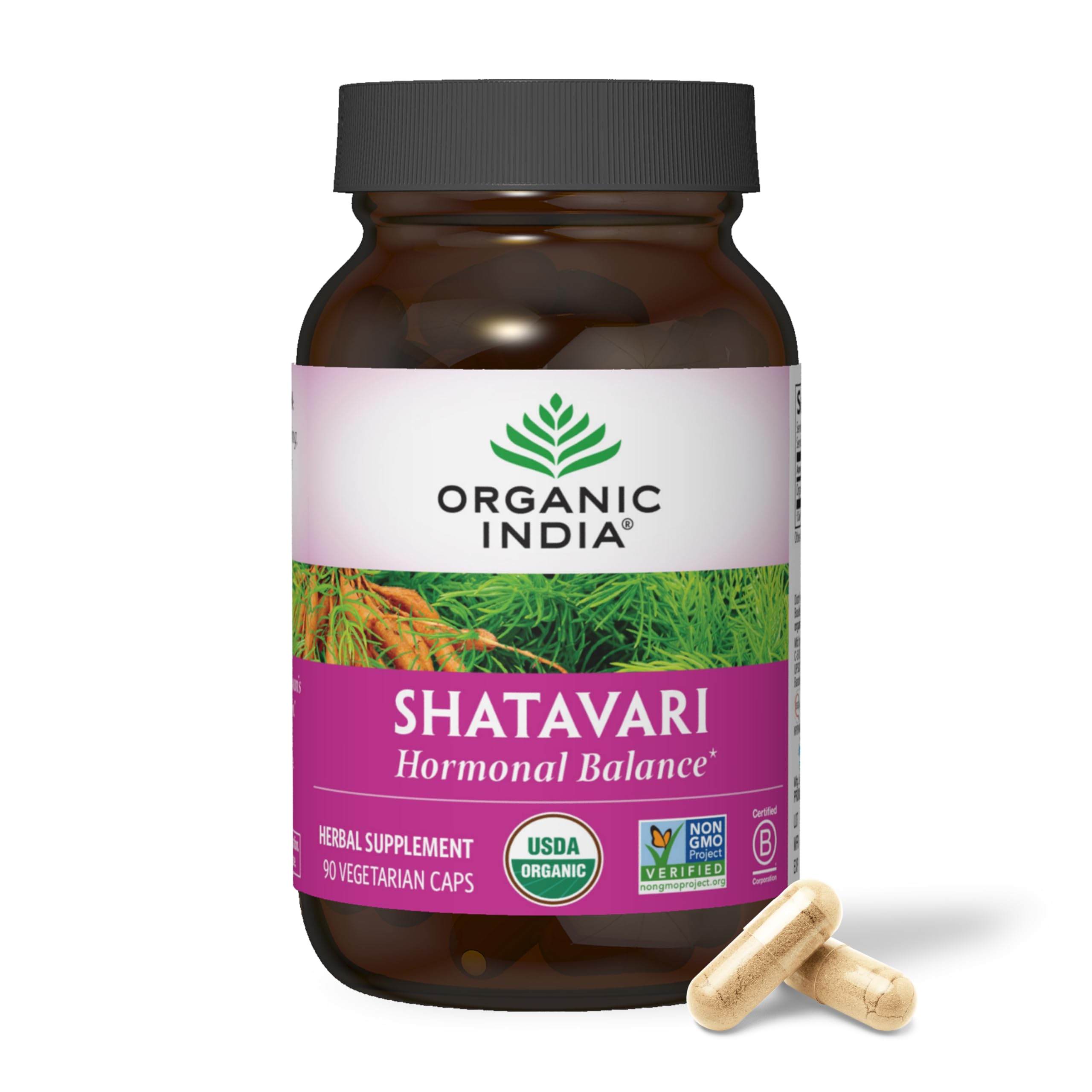 Organic India Shatavari bottle front promotes hormone balance with a plant-based herbal formula.