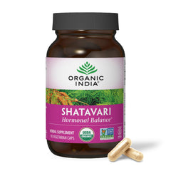 Organic India Shatavari bottle front promotes hormone balance with a plant-based herbal formula.