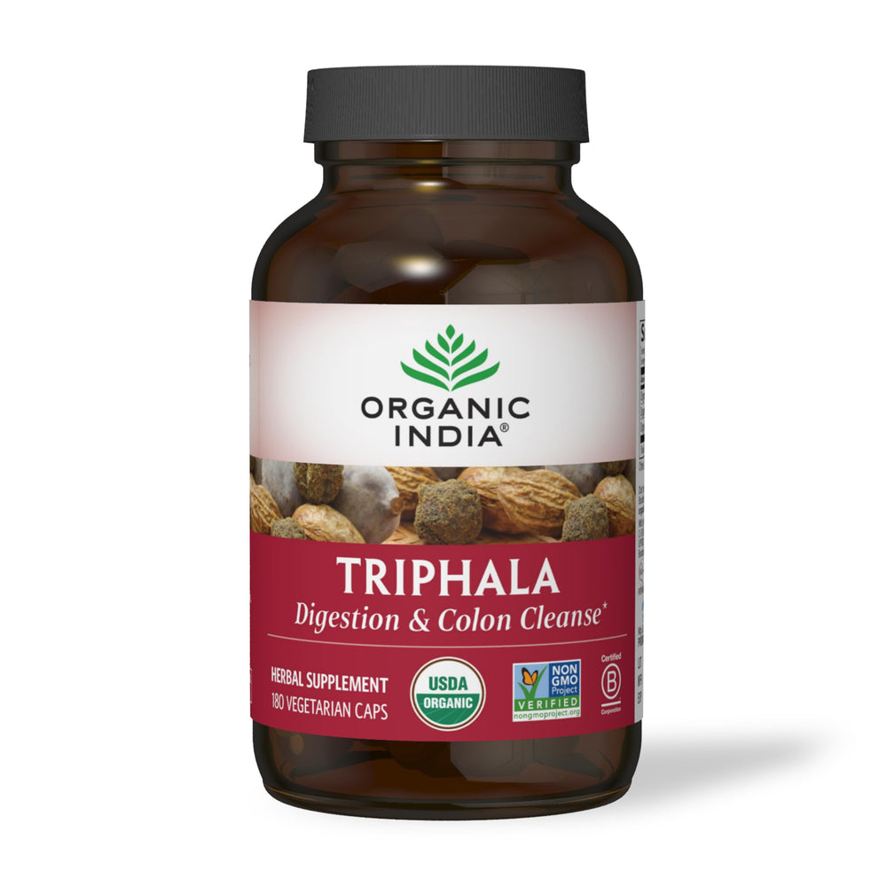 Organic India Triphala capsules bottle front showing branding and design for digestive support
