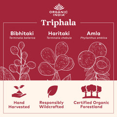 Closeup of Organic India Triphala label highlighting vegan, organic sourcing