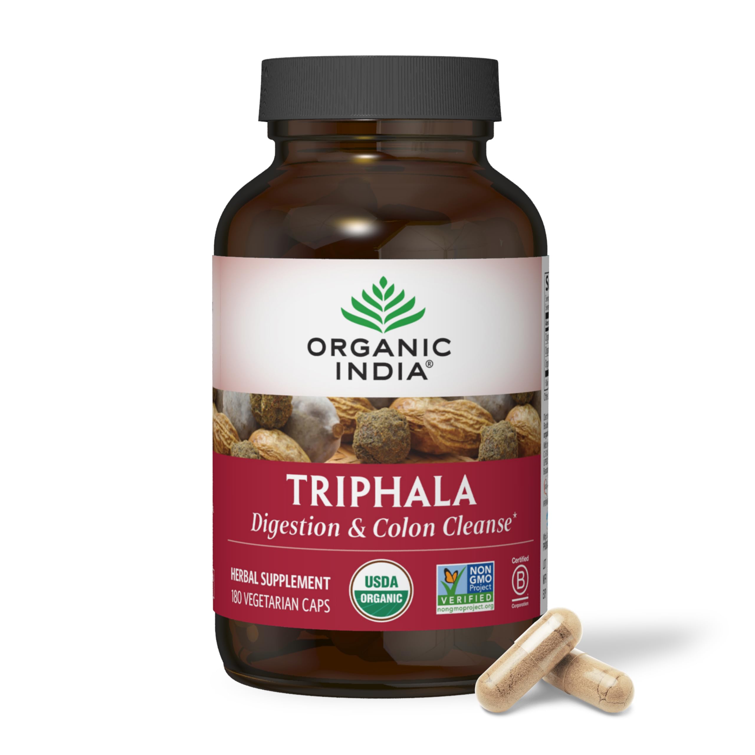 Travel-ready Organic India Triphala capsules in a compact bottle