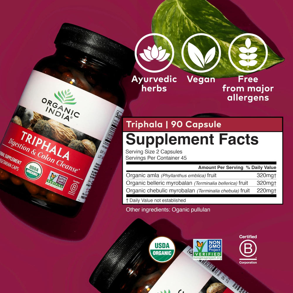 Organic India Triphala eco-packaging demonstrates sustainability from regenerative farming methods.