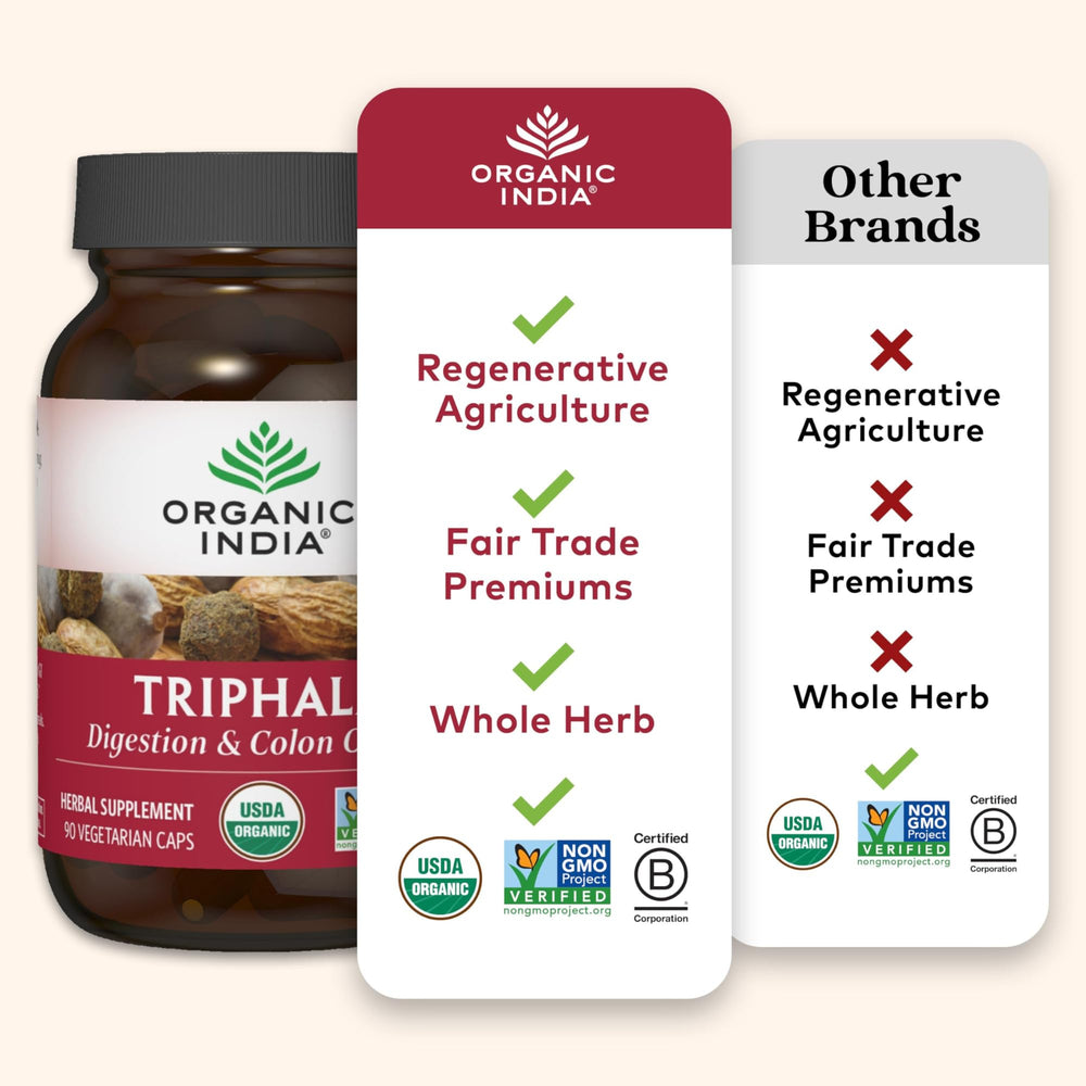 Organic India Triphala pour and scoop scene suggests easy daily dosing.