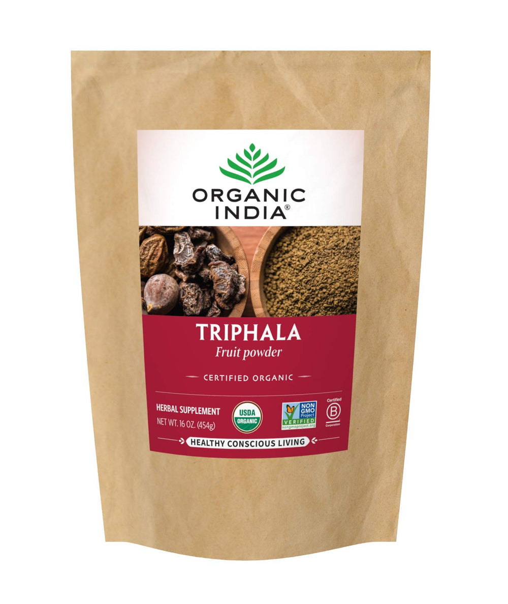 Organic India Triphala powder bag highlighting the three-fruit blend for gentle digestion.