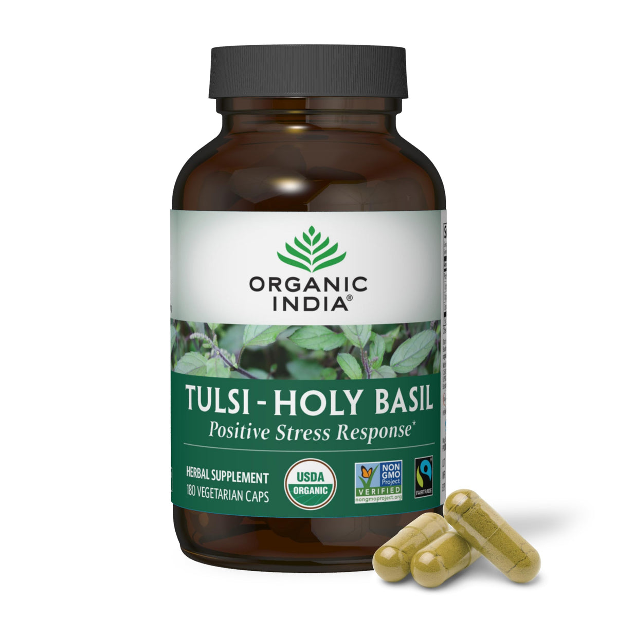 ORGANIC INDIA Tulsi bottle front, stress-support herbal supplement