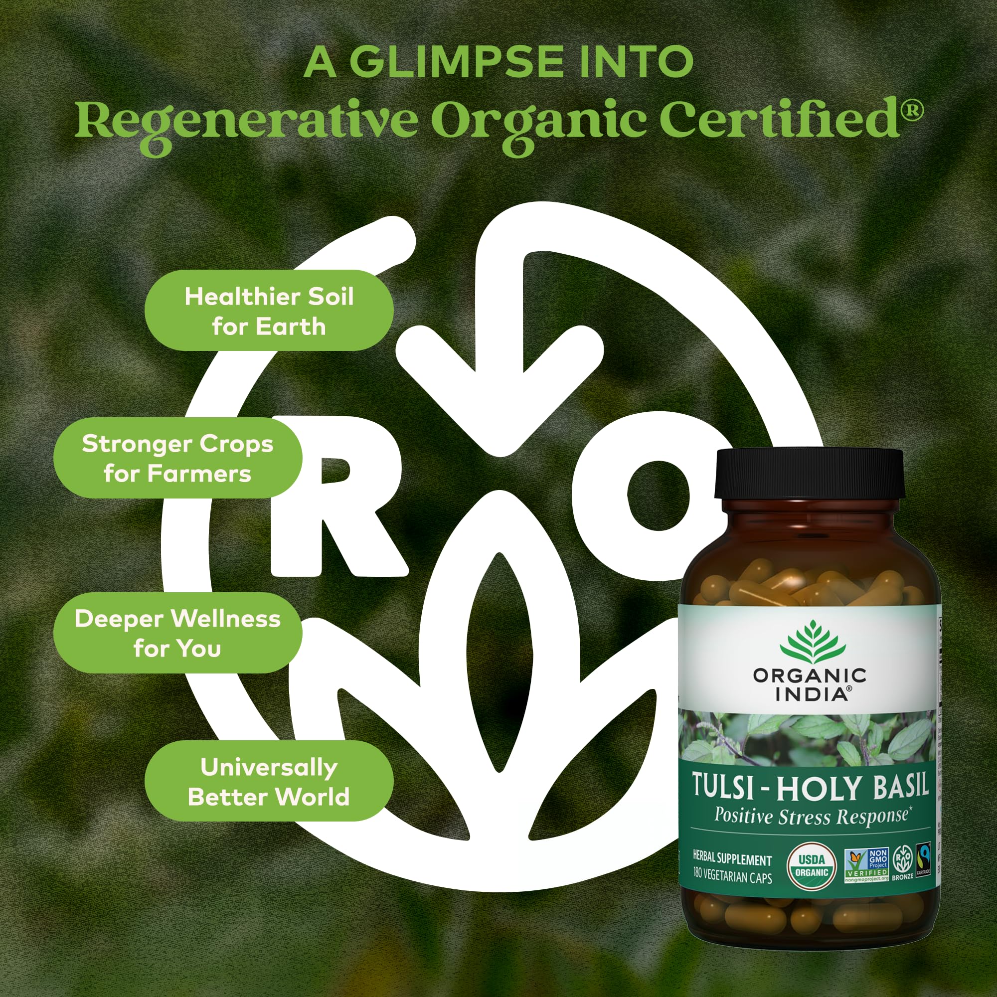 ORGANIC INDIA Tulsi capsules close-up, showcasing vegan organic capsules
