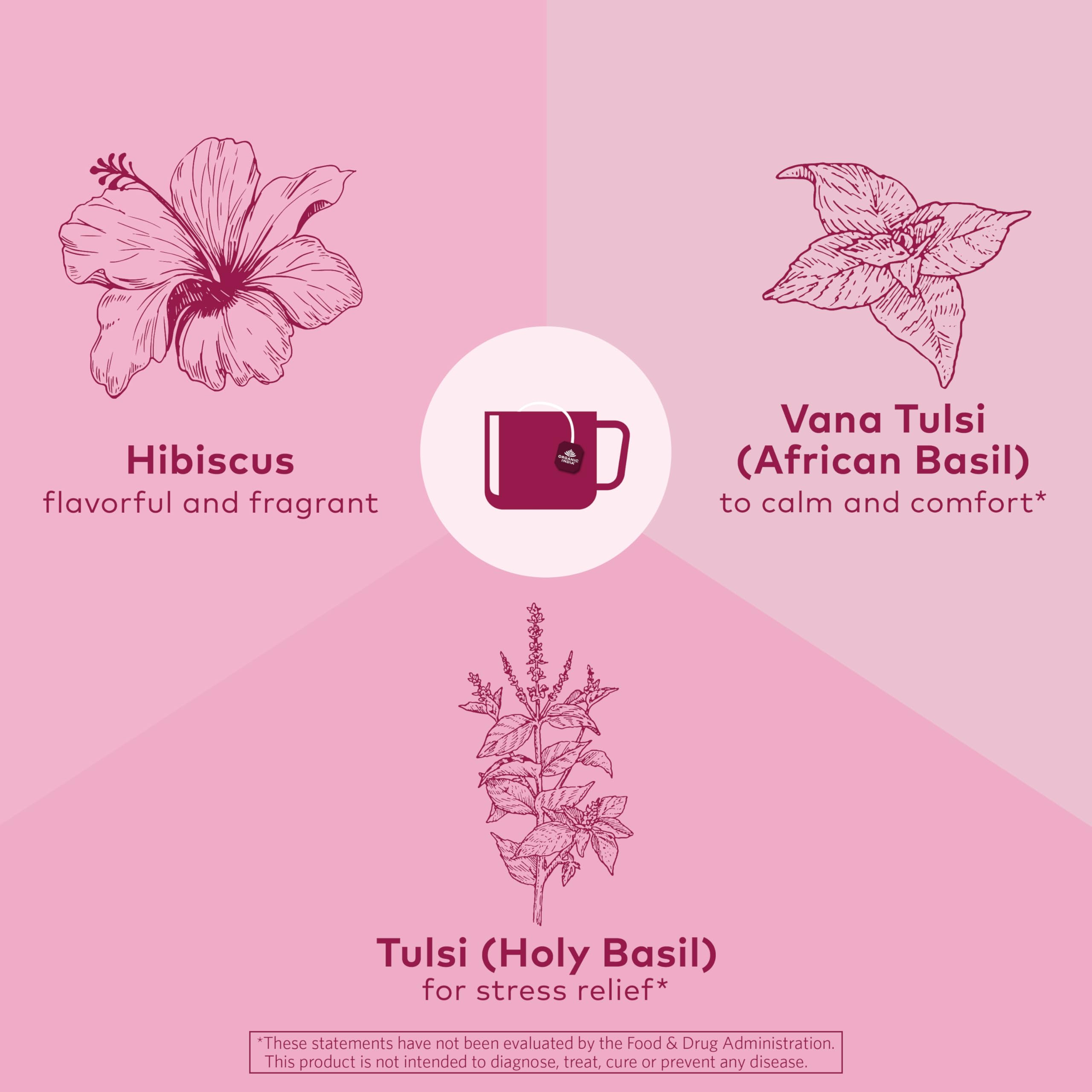 Tea bag with leaves and petals showing organic farming method in branding imagery.