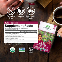 Steam rises from a cup highlighting caffeine-free relaxation with Tulsi Hibiscus blend.