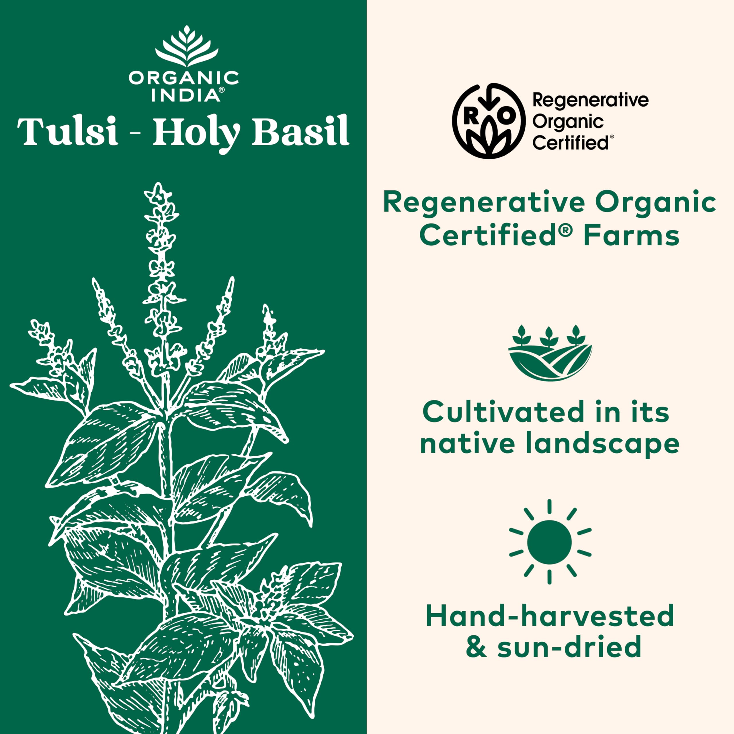 Organic India Tulsi packaging display highlights pure organic herbs.