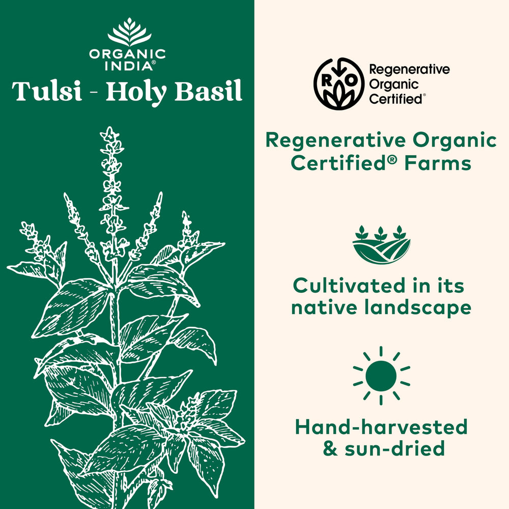 Organic India Tulsi packaging display highlights pure organic herbs.