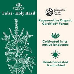 Organic India Tulsi packaging display highlights pure organic herbs.