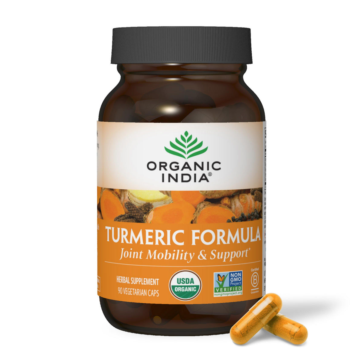 Organic India Turmeric Curcumin bottle closeup for premium absorption