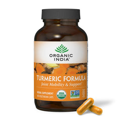 Organic India Turmeric Curcumin bottle front shows joint support label