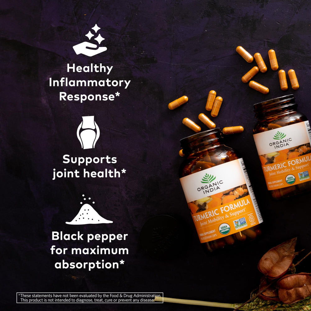 Close-up of Organic India Turmeric Curcumin capsules for easy intake