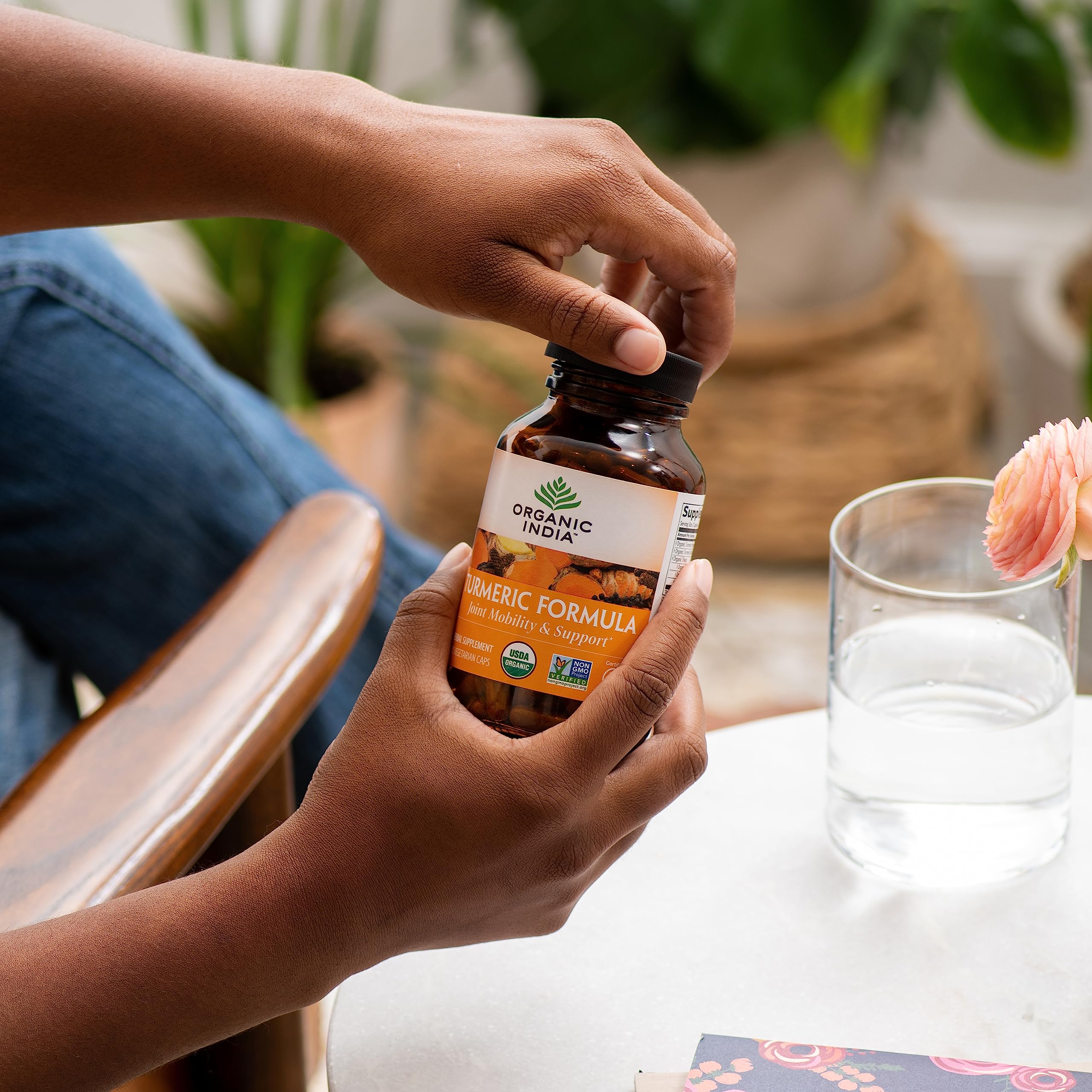 Kitchen counter display of Organic India bottle for daily use and wellness