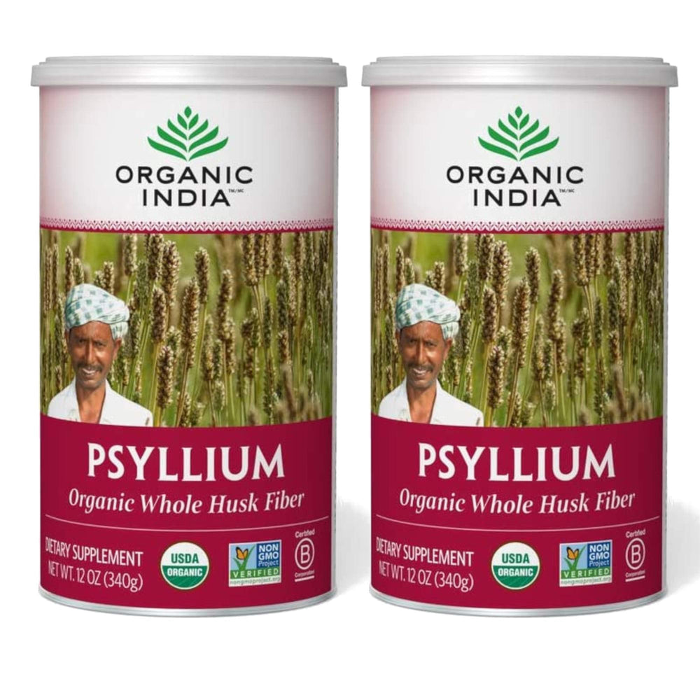 Organic India Whole Psyllium Husk Powder bottle supports daily fiber intake.