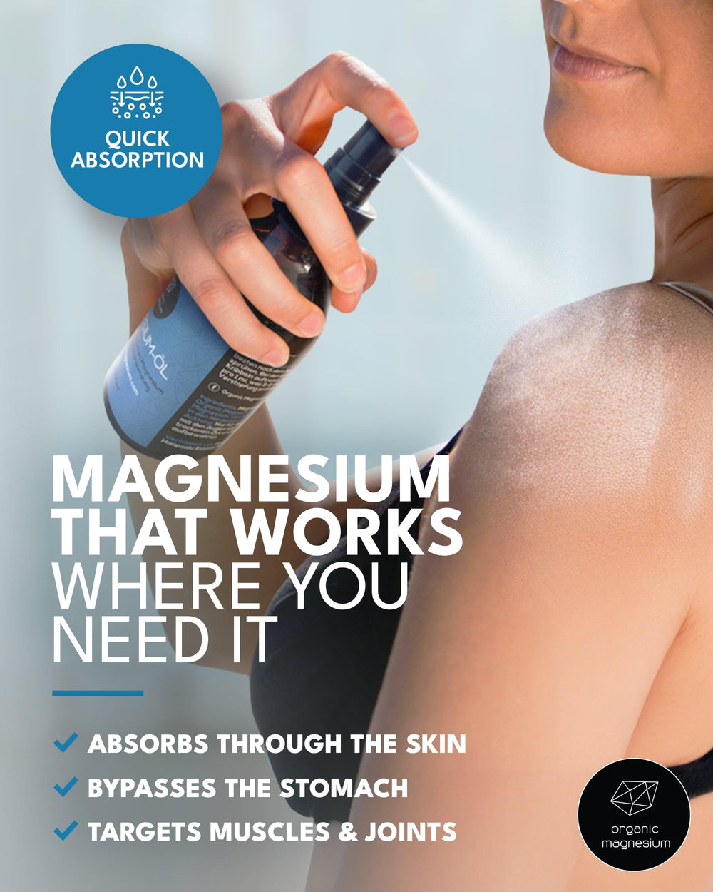 Organic Magnesium Oil Spray label close-up showing pure Zechstein MgCl2
