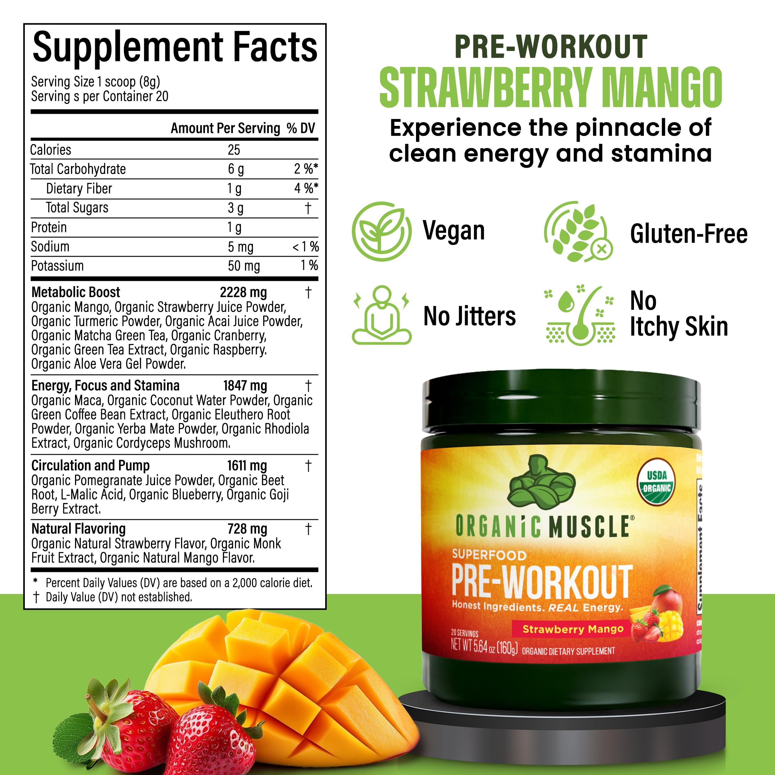 Organic Muscle label close-up highlights 20 superfoods blend
