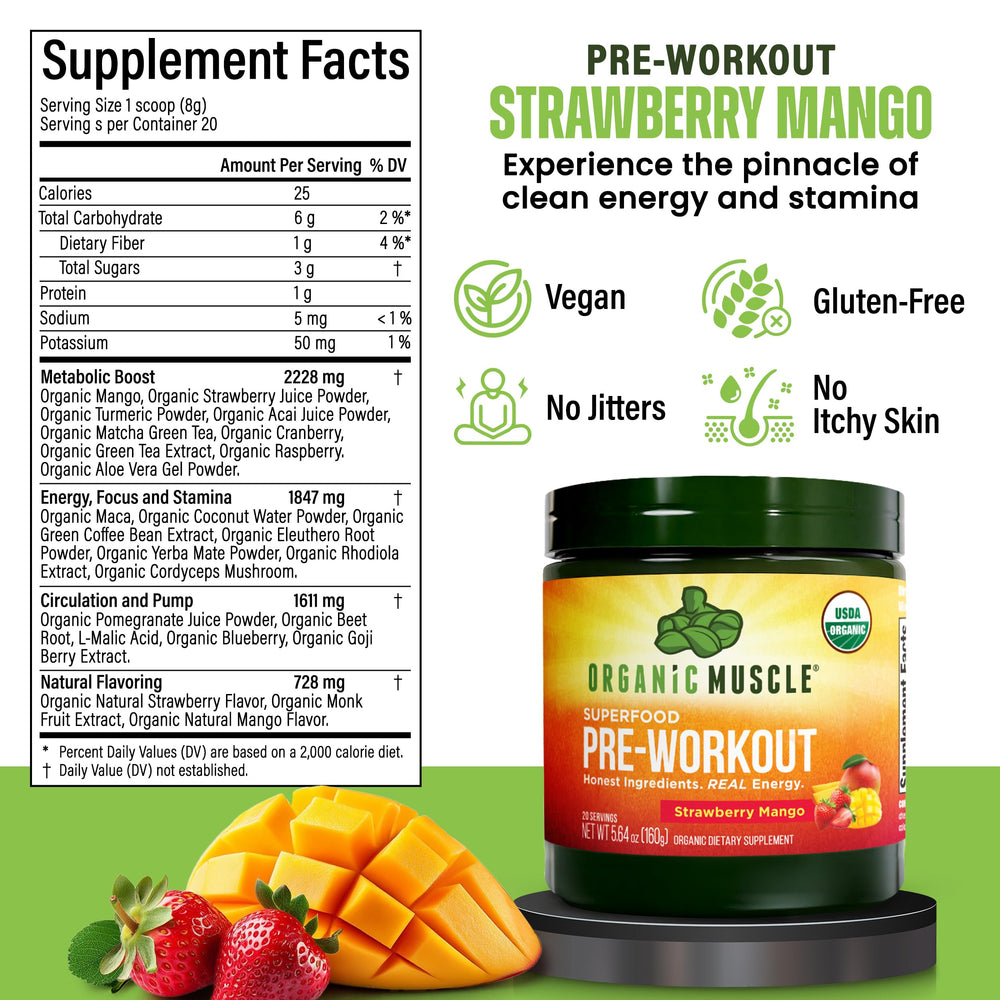 Organic Muscle label close-up highlights 20 superfoods blend