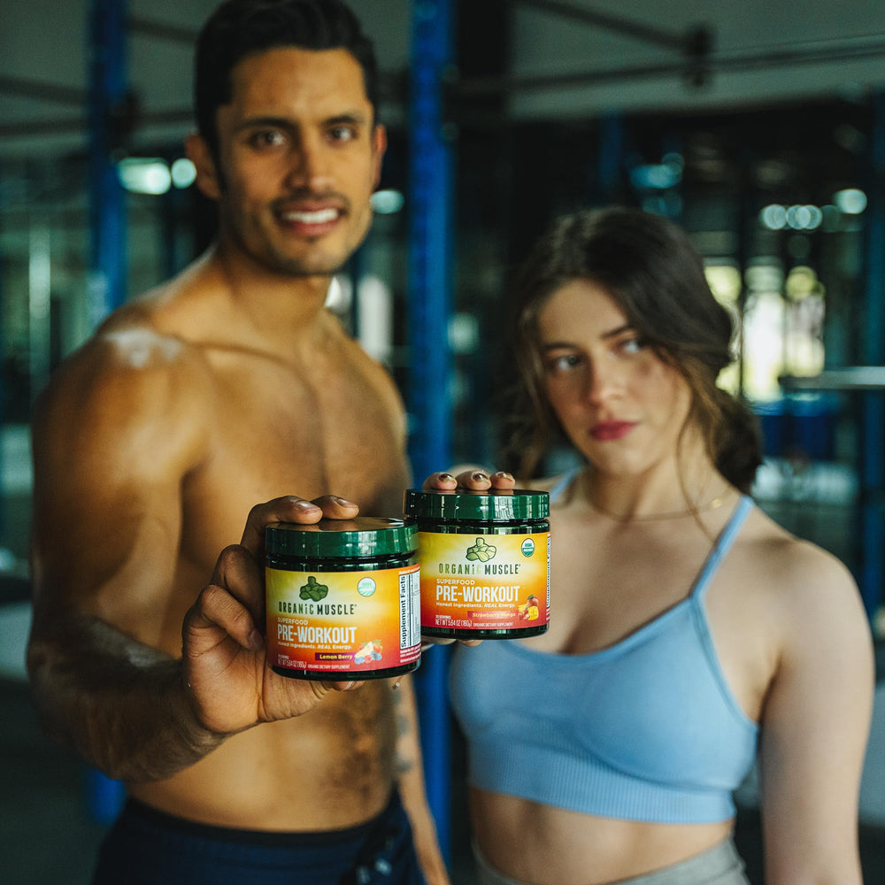 Organic Muscle bottle shows low caffeine energy note for workouts