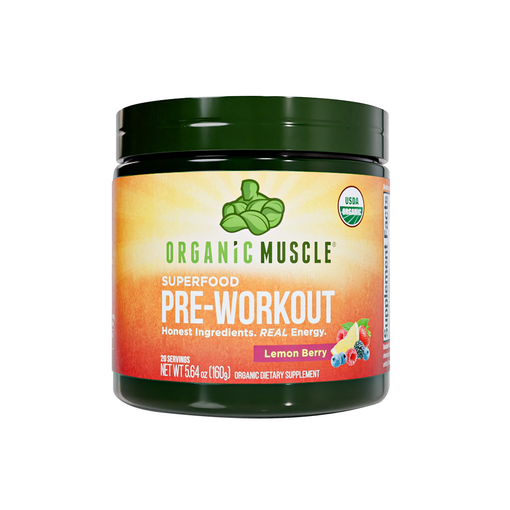 Organic Muscle pre-workout Lemon Berry packaging conveys clean energy for focused training sessions.