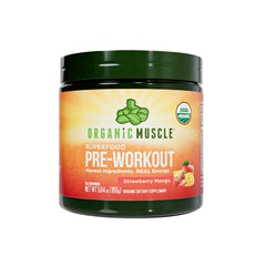 Organic Muscle preworkout bottle with strawberry mango flavor for clean energy