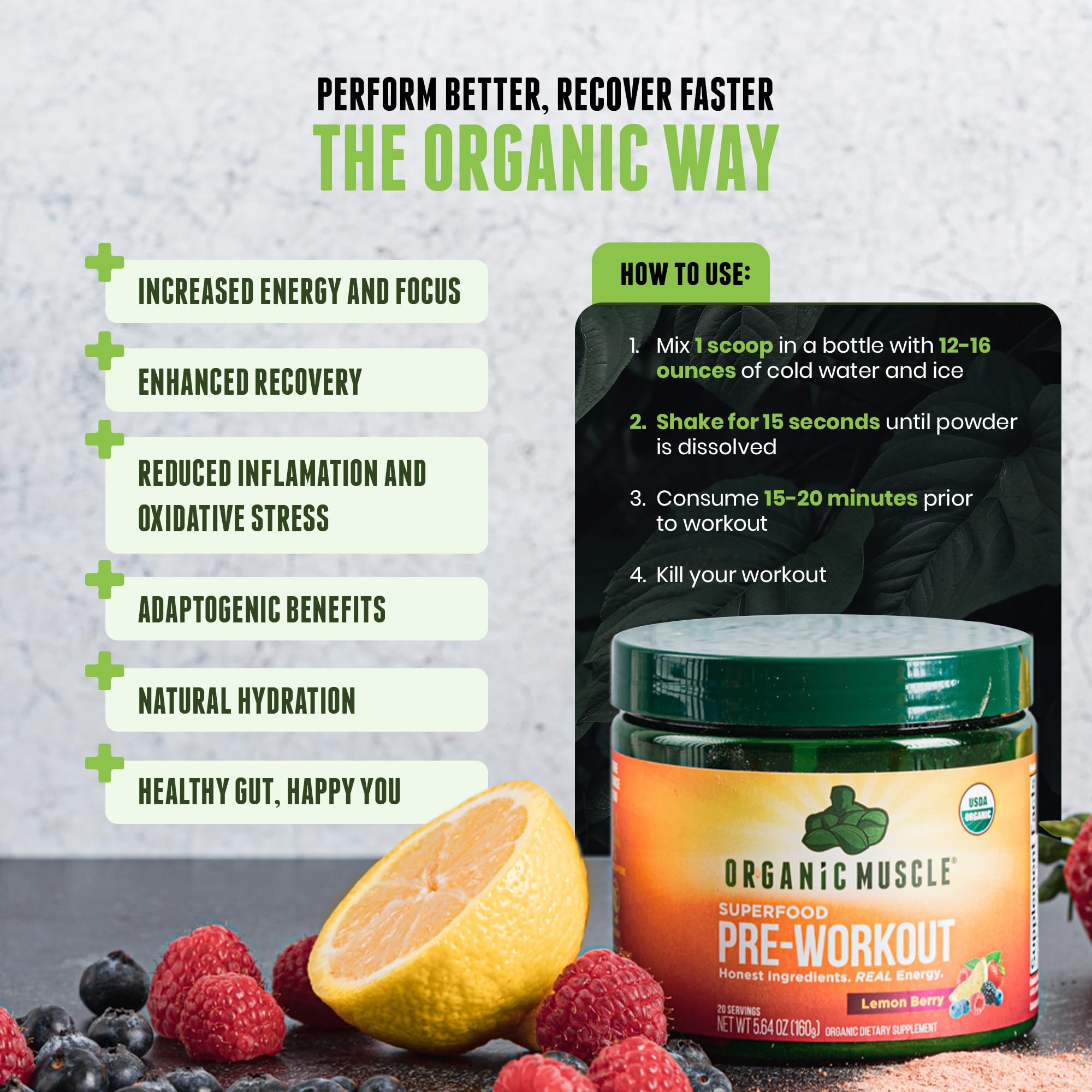 Organic Muscle preworkout powder in glass reveals vibrant mix