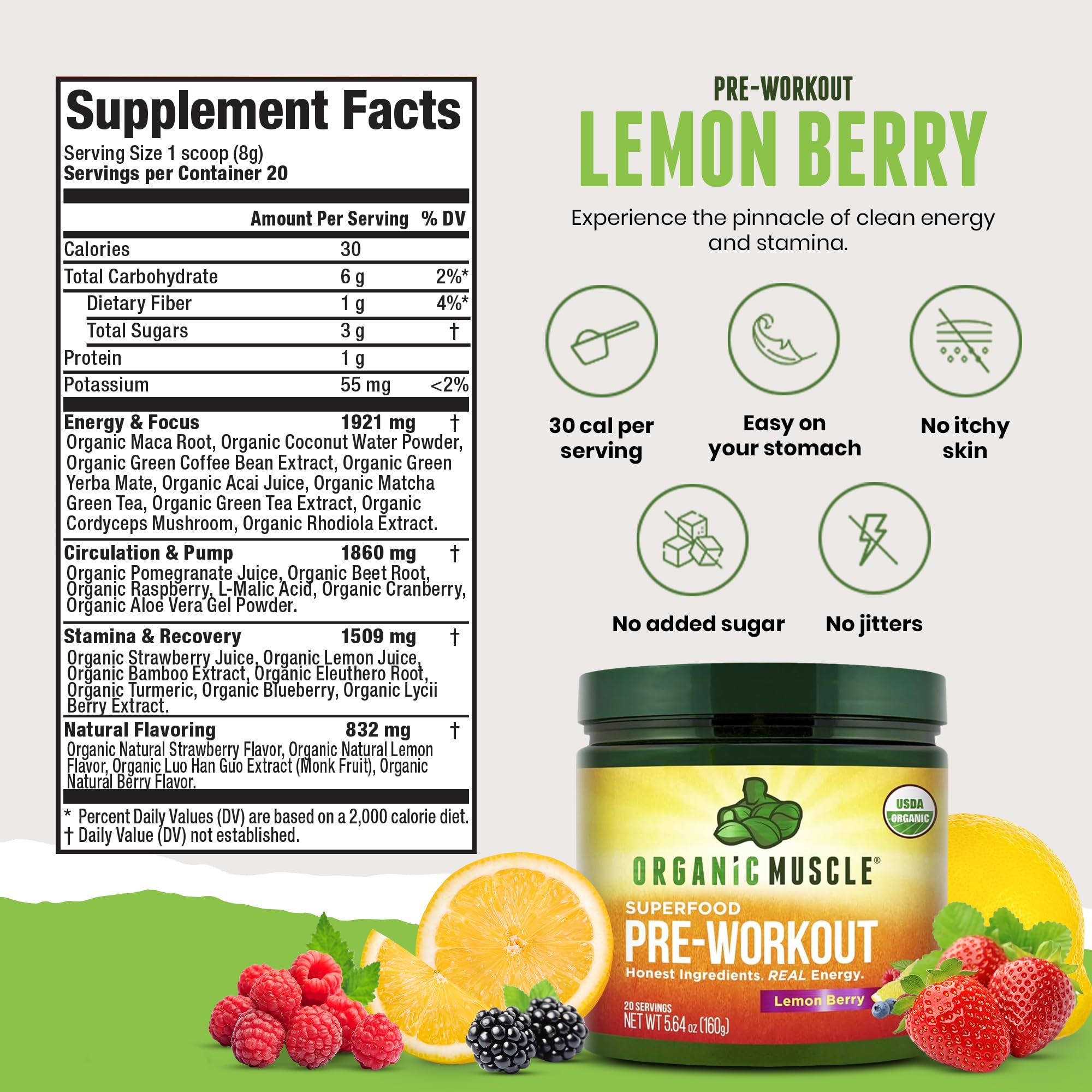 Organic Muscle USDA Organic seal signals trusted, clean-label pre-workout quality.