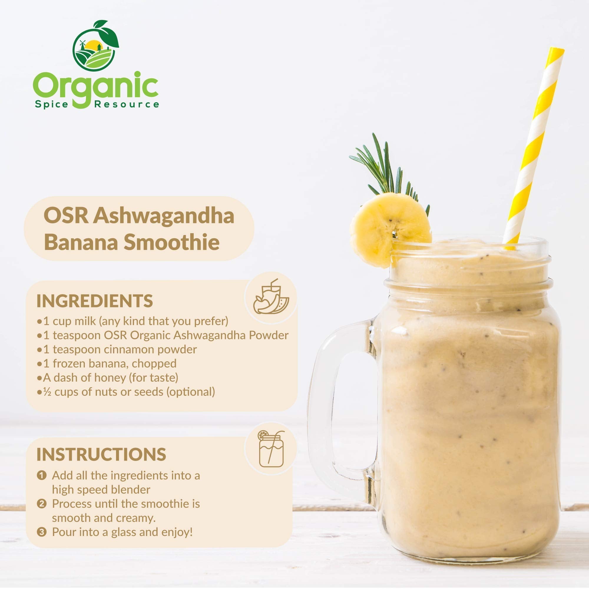 Organic Spice Resource Ashwagandha powder label showing Non-GMO and gluten-free