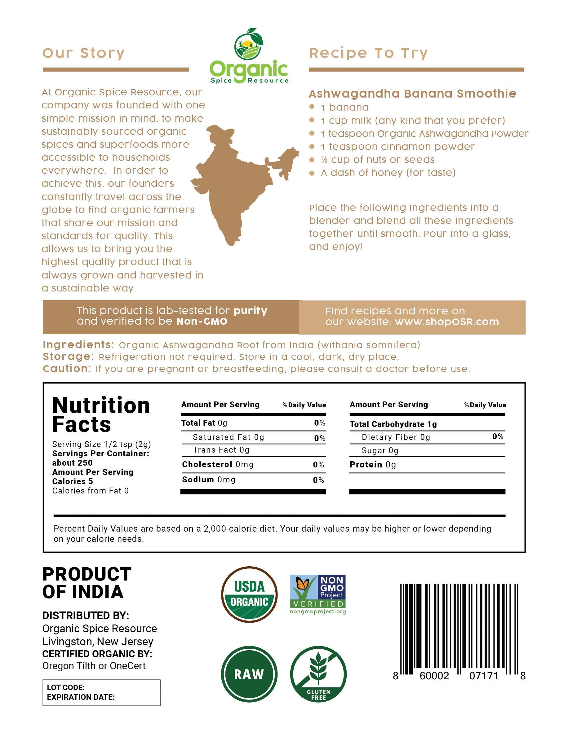 Resealable packaging of Organic Spice Resource Ashwagandha powder preserves freshness