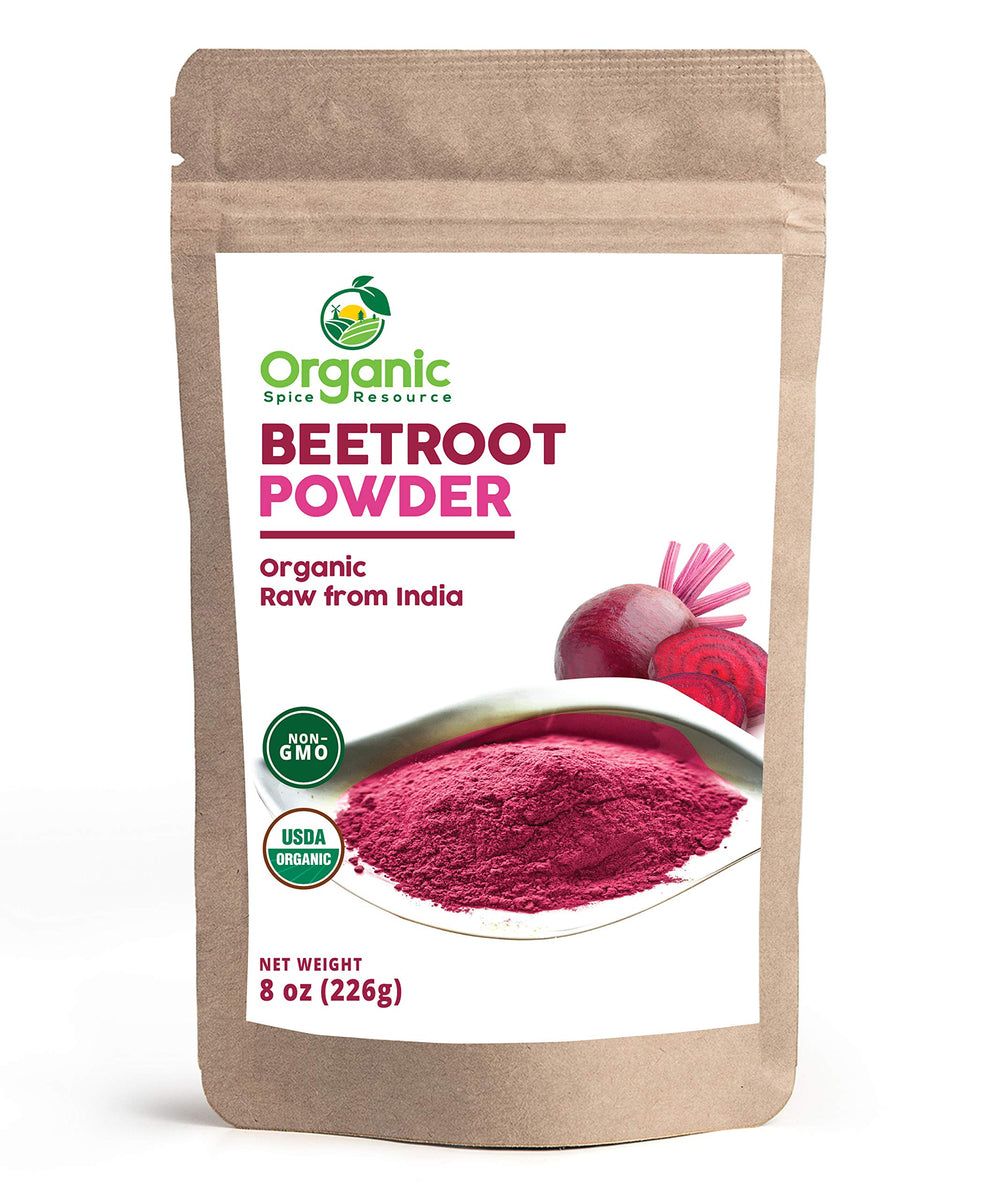 Polvo de remolacha orgánico de Organic Spice Resource en bote, ideal para batidos.