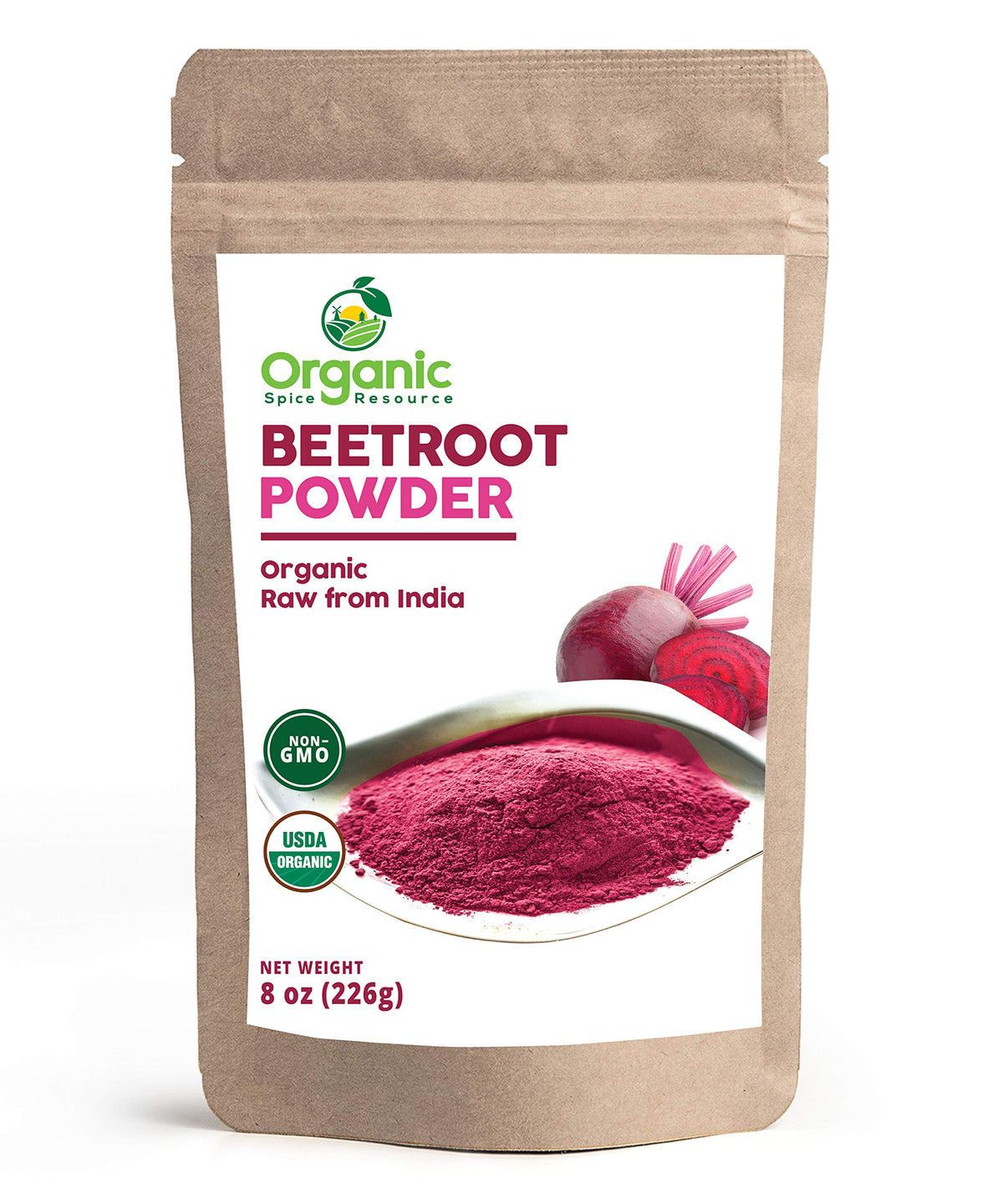 Polvo de remolacha orgánico de Organic Spice Resource en bote, ideal para batidos.