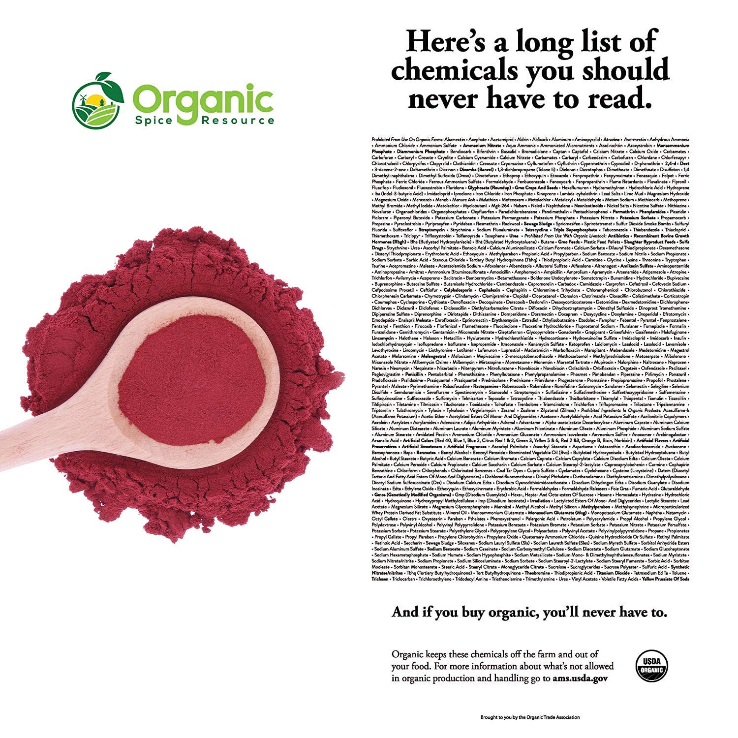 Organic Spice Resource polvo-remolacha-envase: empaque seguro y fácil de almacenar.