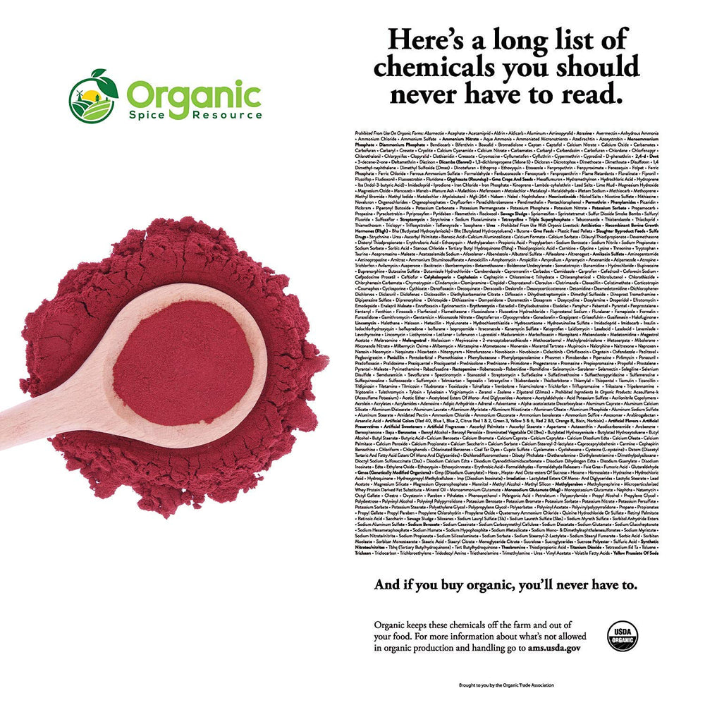 Organic Spice Resource polvo-remolacha-envase: empaque seguro y fácil de almacenar.