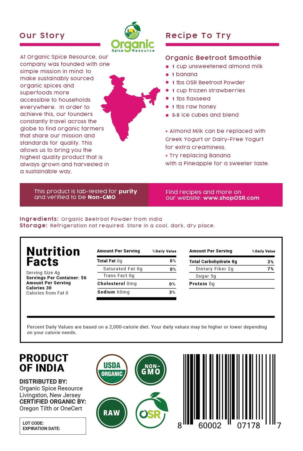 Organic Spice Resource polvo-remolacha-smoothie: añade color y sabor vibrante a batidos.