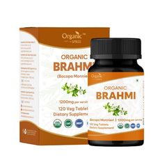 Organic Spree Brahmi tablets bottle close-up highlighting focus support