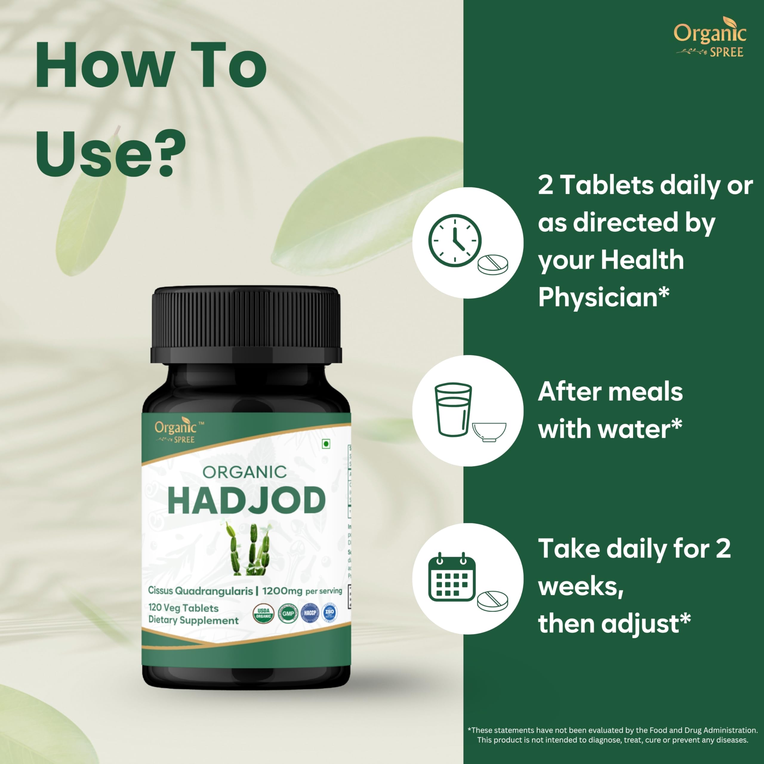 Organic Spree Hadjod tablets closeup showing compact, easy-to-swallow capsules for daily use.