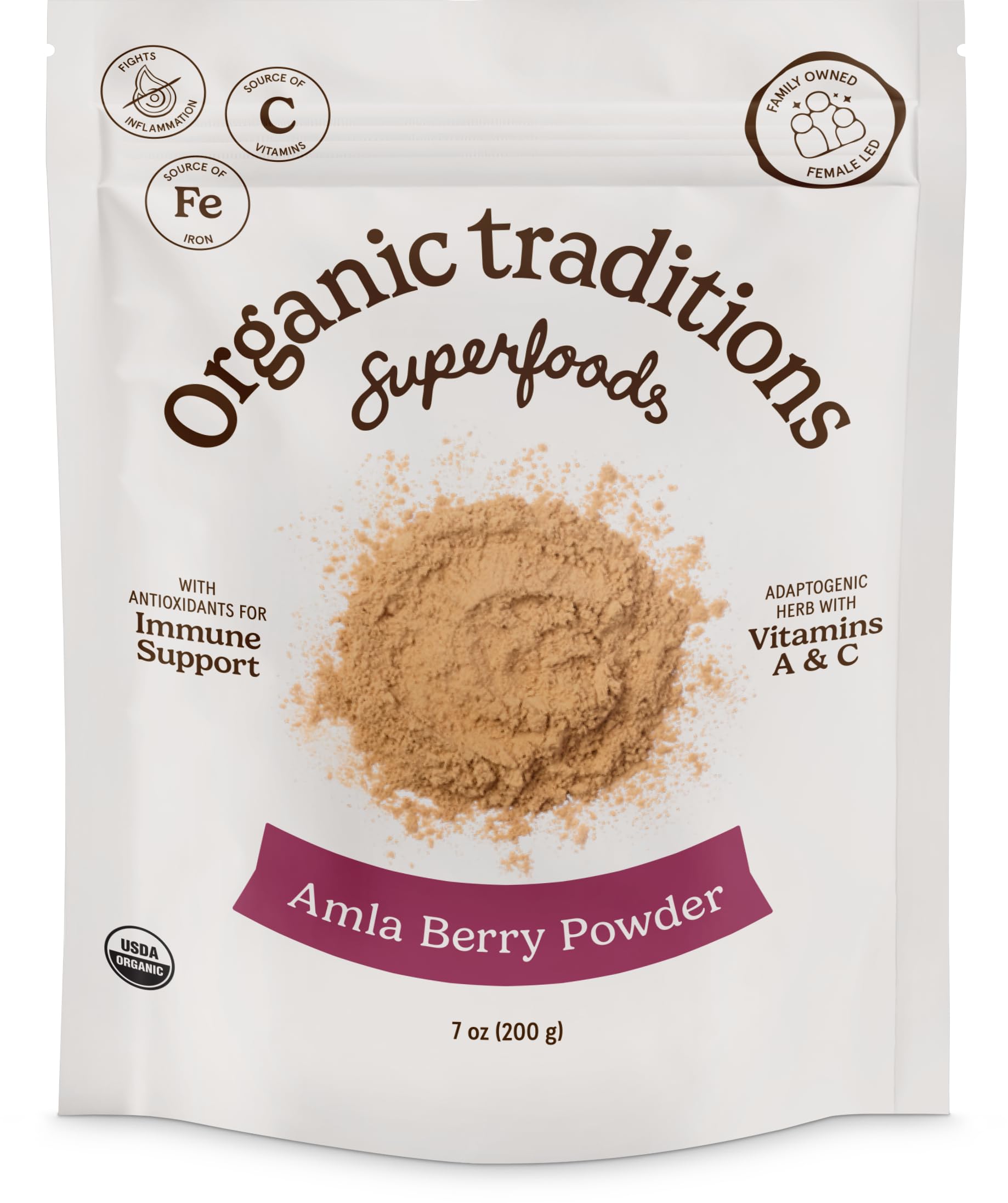 Organic Traditions Amla Berry Powder bag ready for smoothies and desserts.