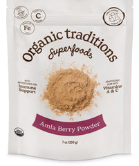 Organic Traditions Amla Berry Powder bag ready for smoothies and desserts.