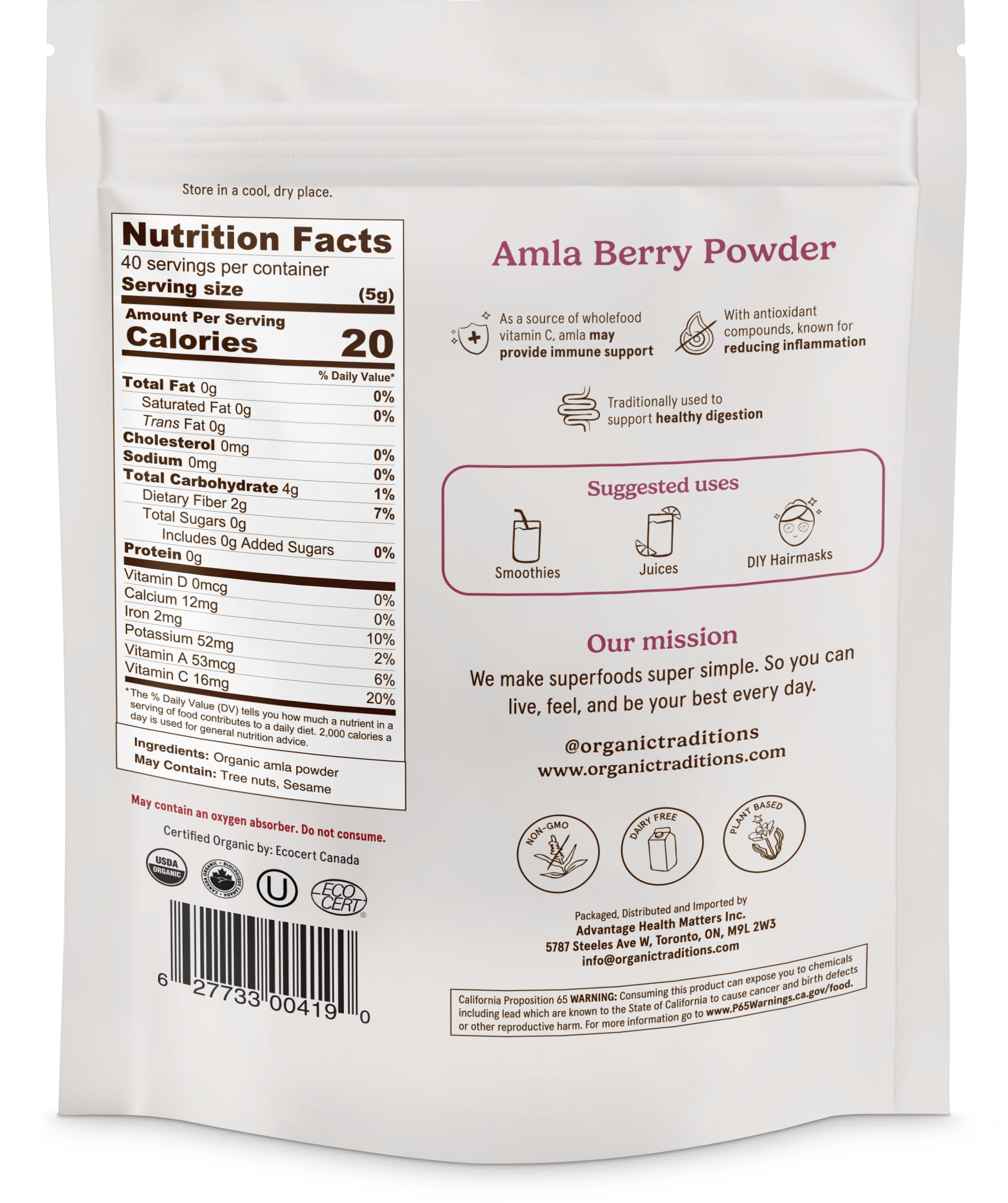 Organic Traditions Amla powder in a glass bowl with tangy aroma.