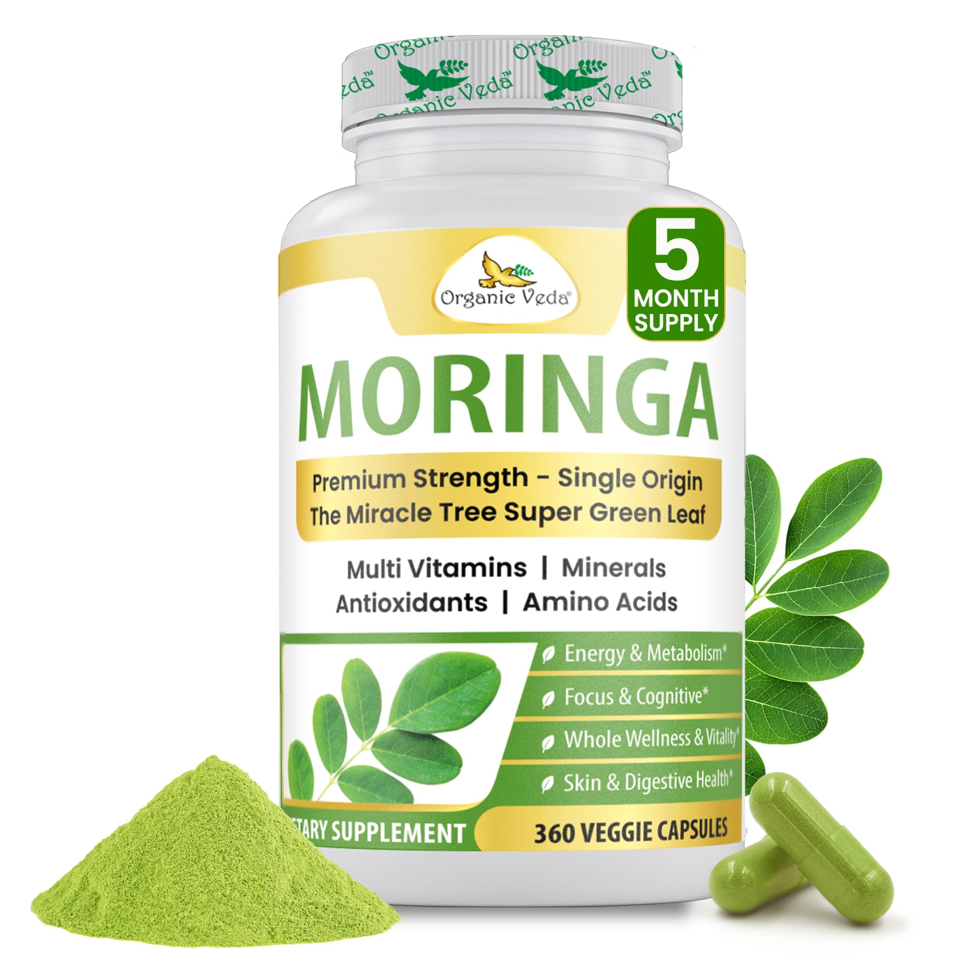 Organic Veda Moringa capsules bottle supports daily energy and vitality.