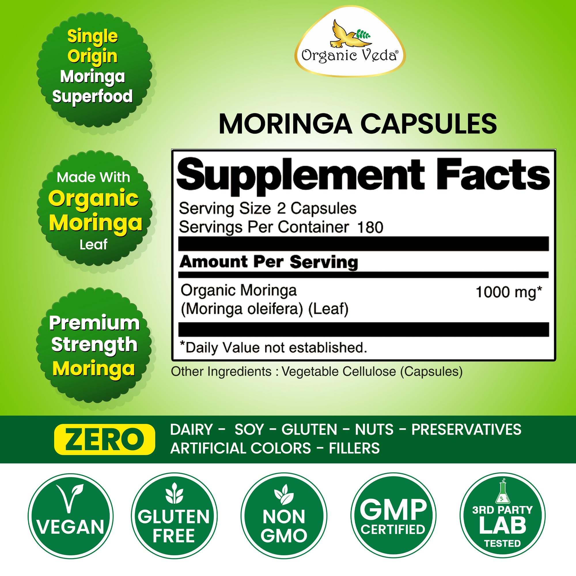 Organic Veda Moringa capsules closeup shows high-strength formula for nourishment.