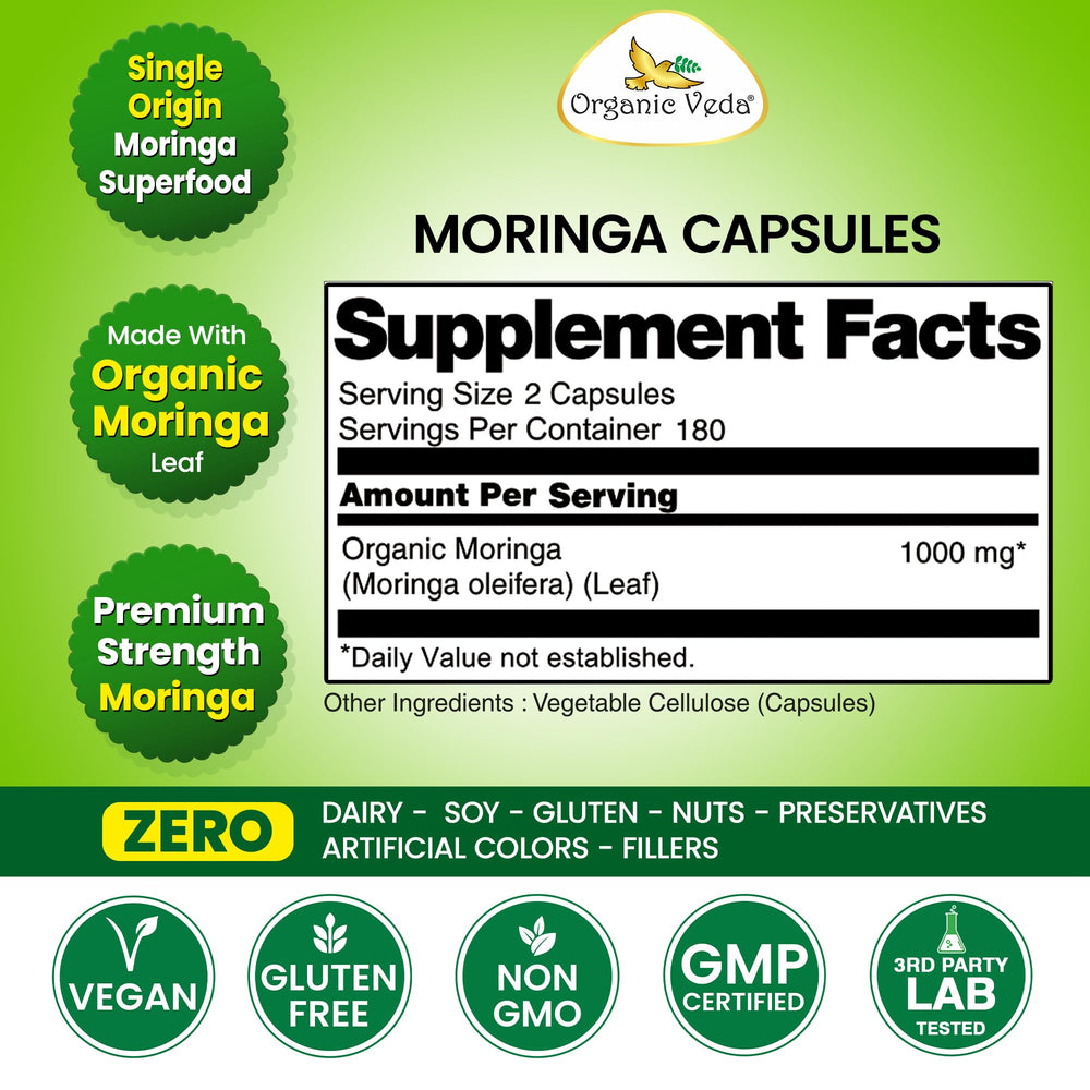Organic Veda Moringa capsules closeup shows high-strength formula for nourishment.