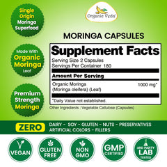 Organic Veda Moringa capsules closeup shows high-strength formula for nourishment.