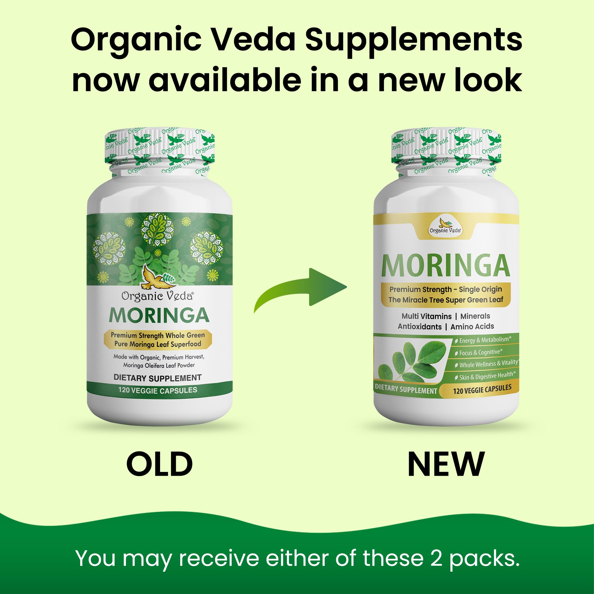 Organic Veda Moringa leaf powder close-up showing vibrant green leaves.