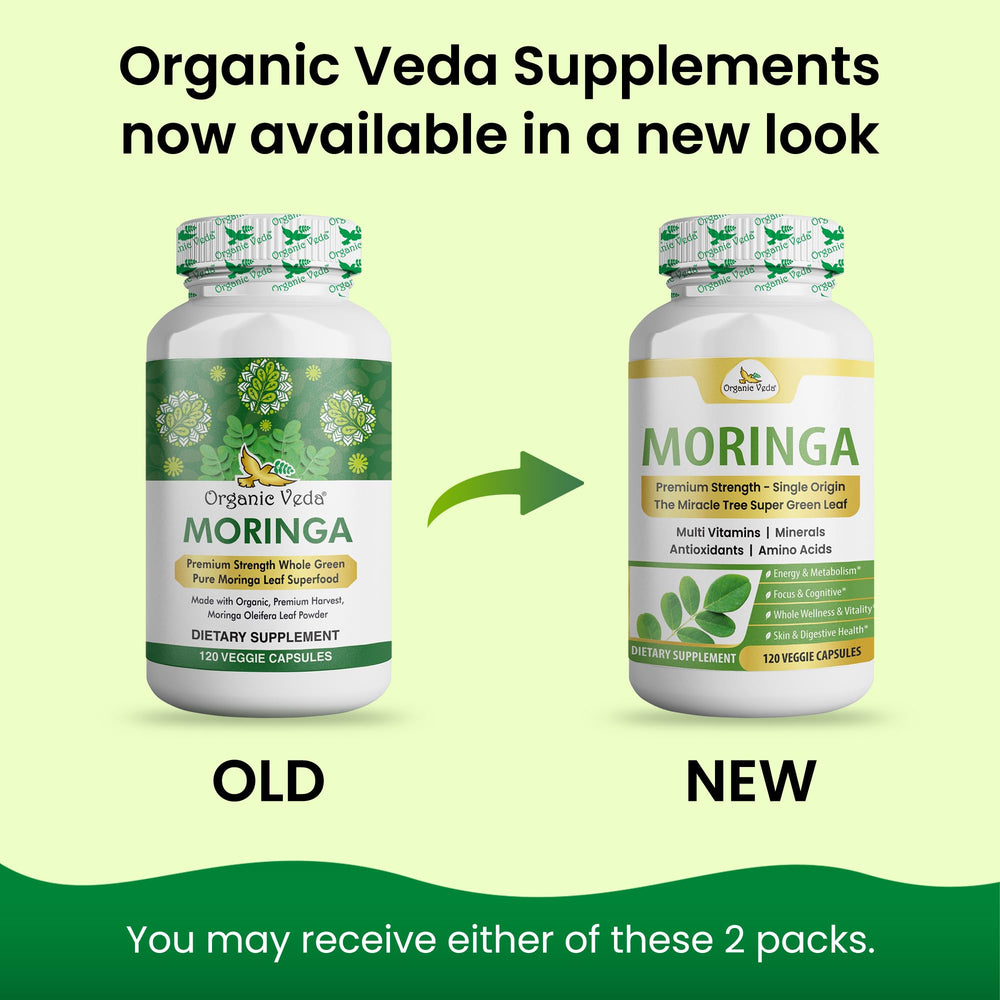 Organic Veda Moringa leaf powder close-up showing vibrant green leaves.
