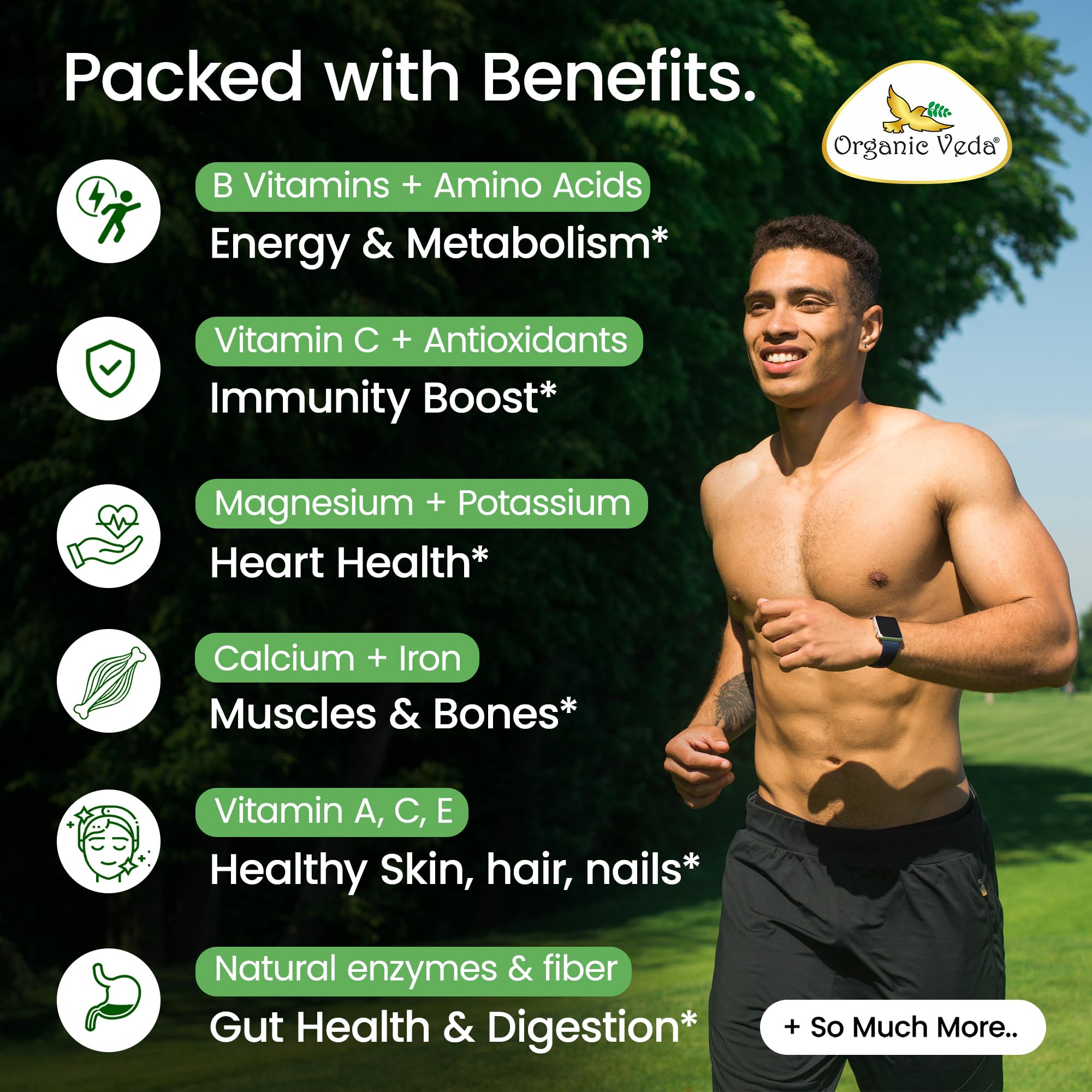 Organic Veda Moringa packaging label highlighting organic origin.