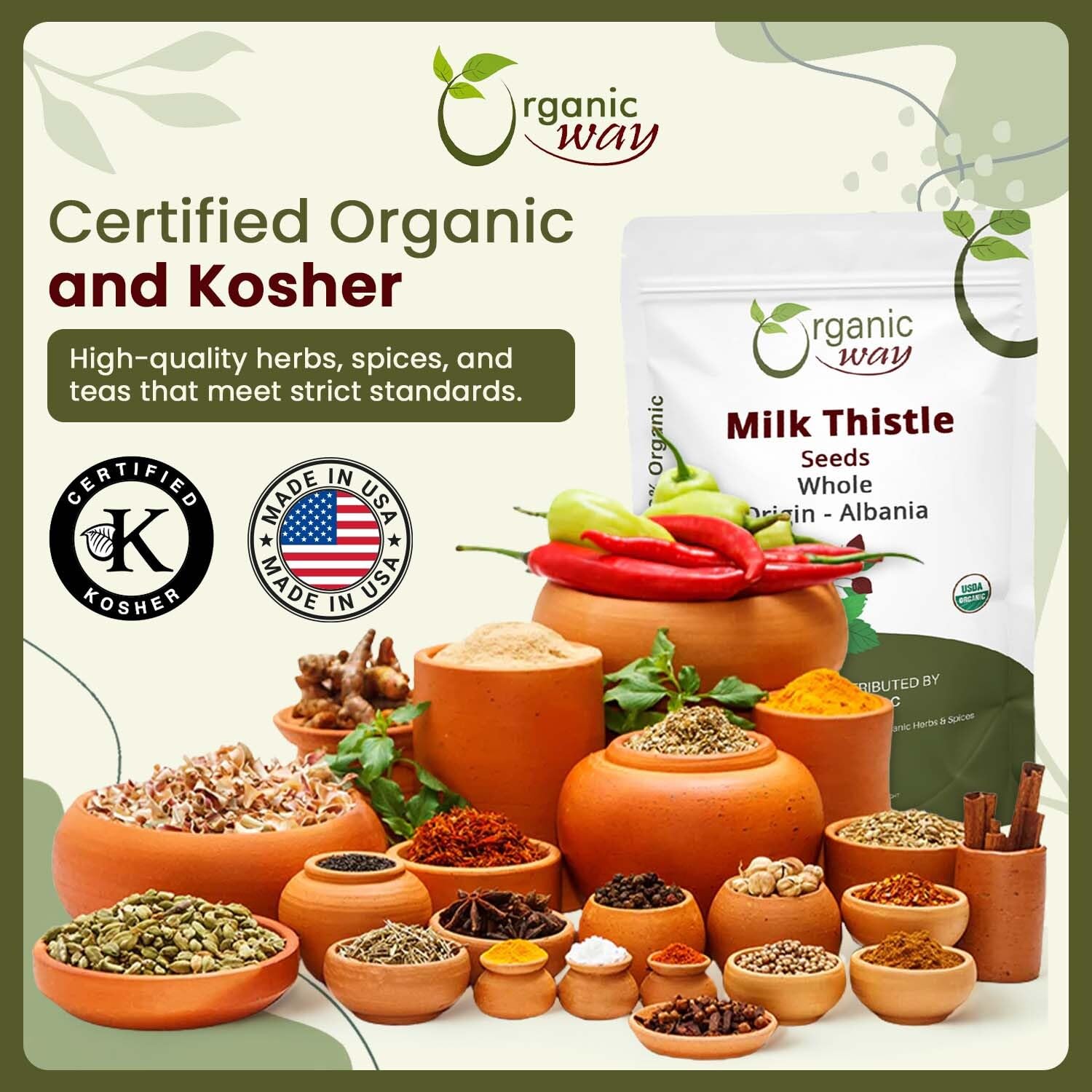 Albania origin of Organic Way Milk Thistle Seeds emphasizes European wild-harvest authenticity.