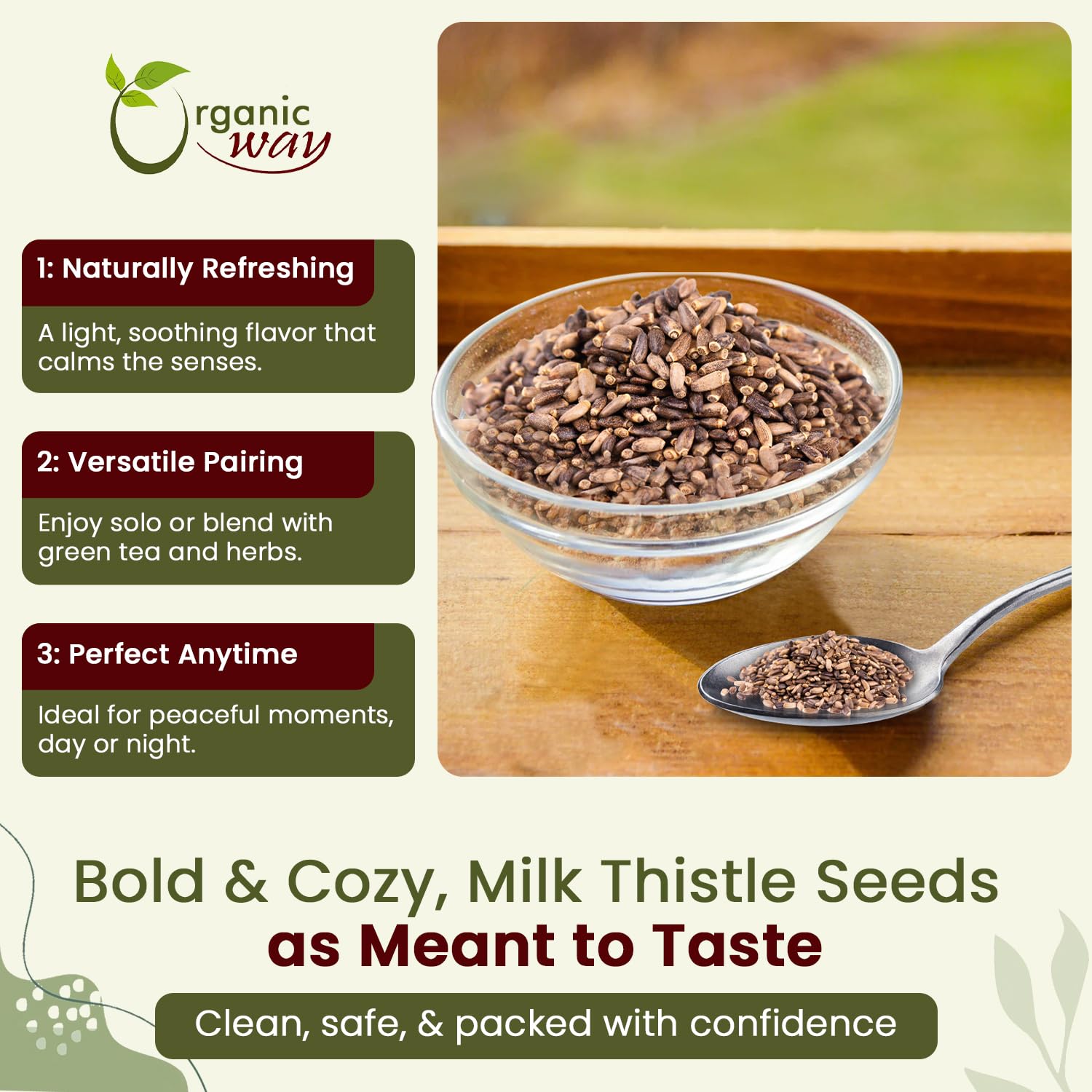 Close-up of Organic Way Milk Thistle Seeds showing texture and premium quality.
