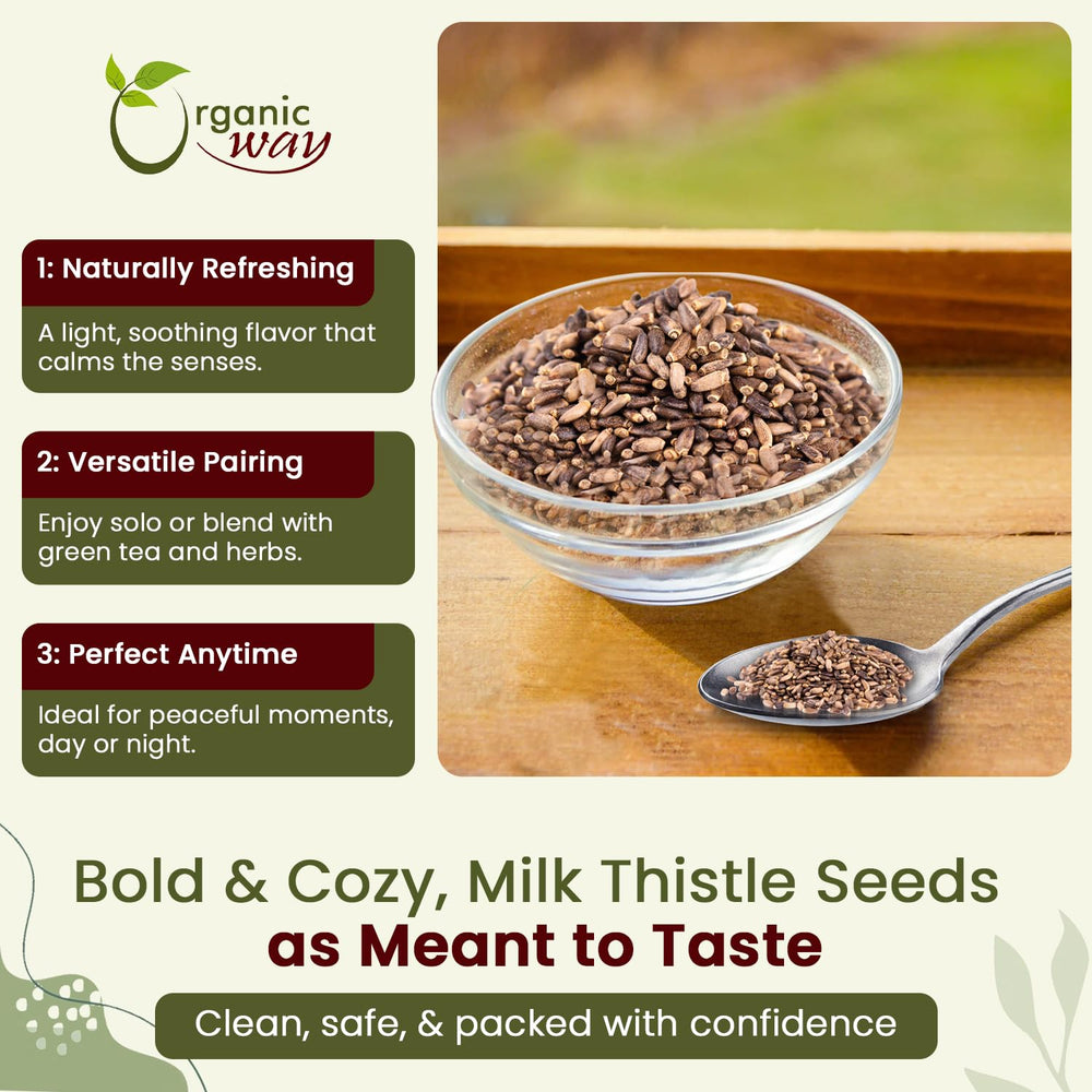 Close-up of Organic Way Milk Thistle Seeds showing texture and premium quality.